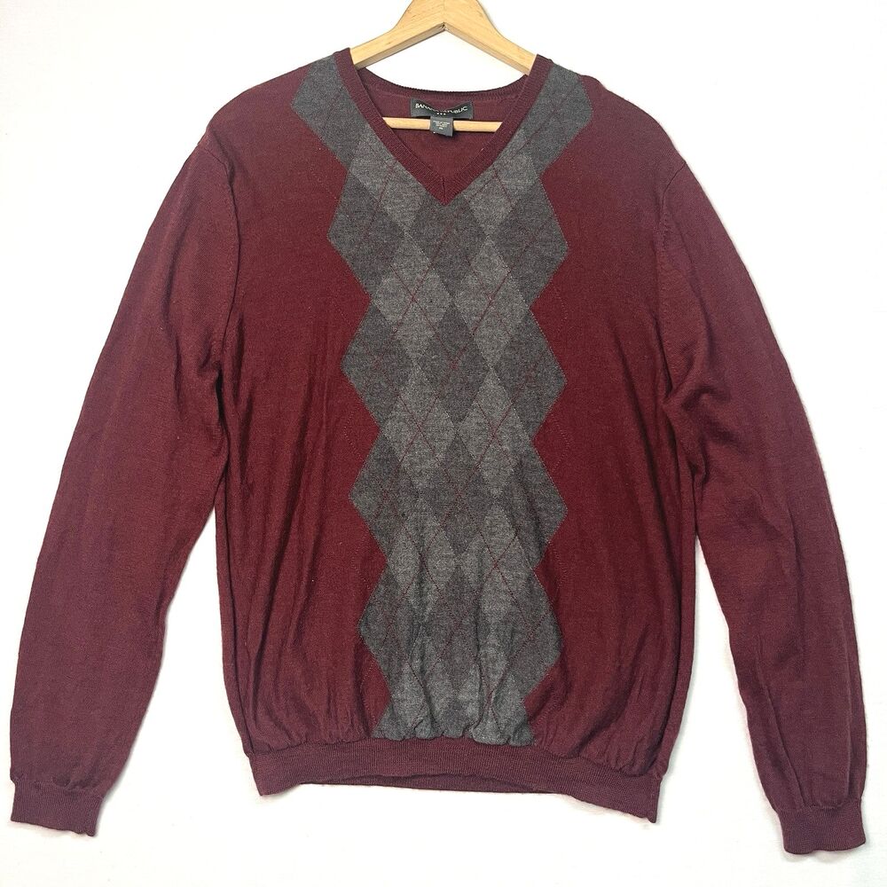 Banana Republic Sweater Mens XL Argyle Burgundy Red V‎ Neck 100% Wool